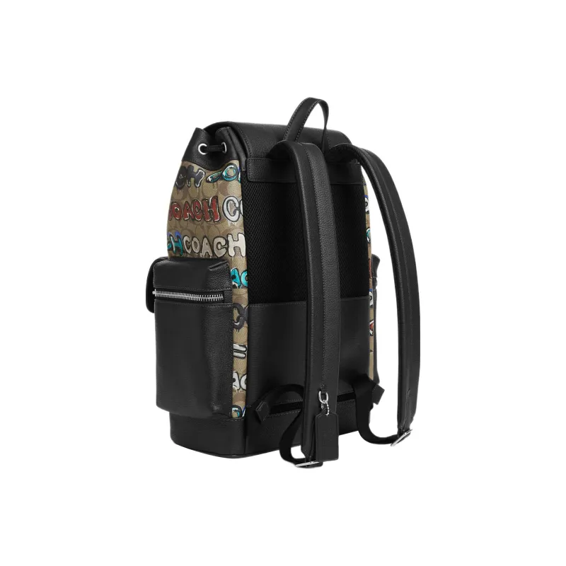 COACH Mint+Serf Backpack 29 Collaboration Pebbled Canvas With Leather Backpack Large Size Men's Black & Khaki-1