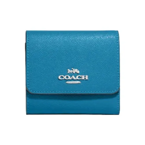 COACH Trifold Wallet Leather Coin Purses Wallets Women's Azure Blue