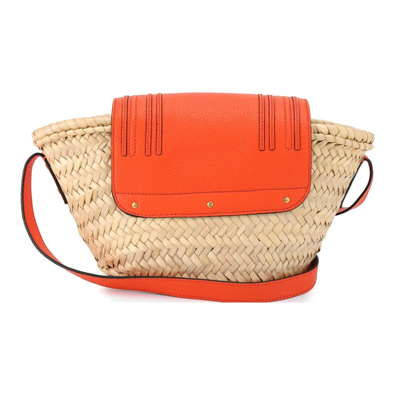 Chloe Marcie Raffia With Calfskin Basket Bag Shoulder Bag Crossbody Bag Regular Women's Beige & Orange-2