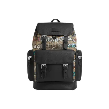 COACH Mint+Serf Backpack 29 Collaboration Pebbled Canvas With Leather Backpack Large Size Men's Black & Khaki