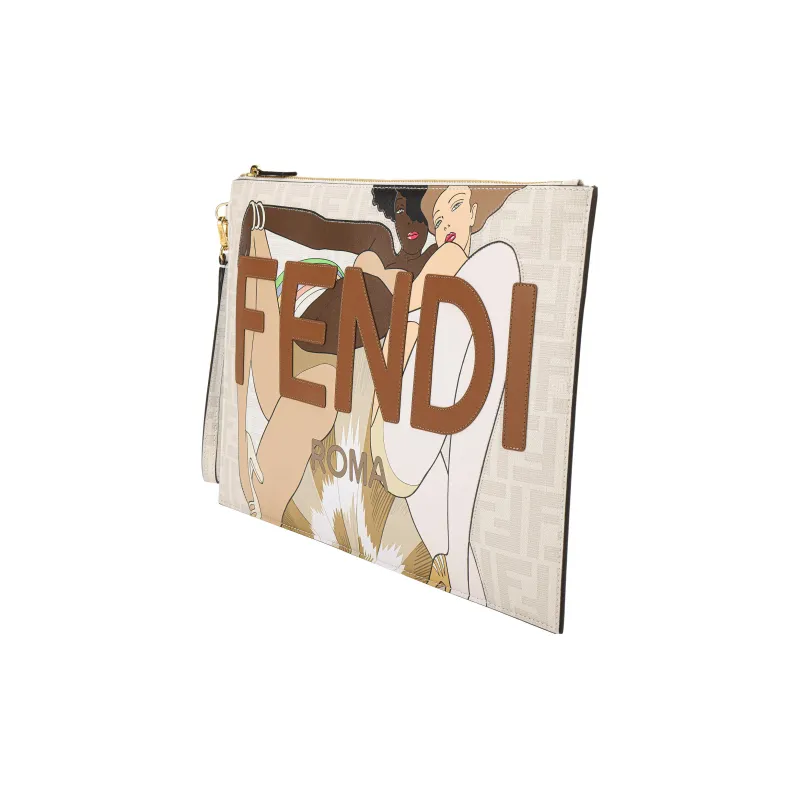 FENDI Cow Leather Clutch Large Size Unisex White/Multicolor-1