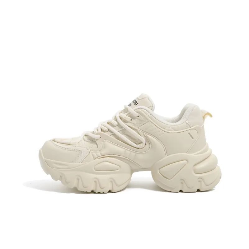 HUANQIU Cushioned Anti-Slip Wear-Resistant Lightweight Height Increasing Low-Top Chunky Sneakers Women's Ecru-9