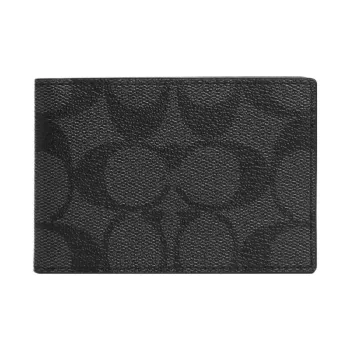 COACH Billfold Wallet Coated Canvas With Calfskin Card Slot Document Set Coin Purse Wallet Unisex Black