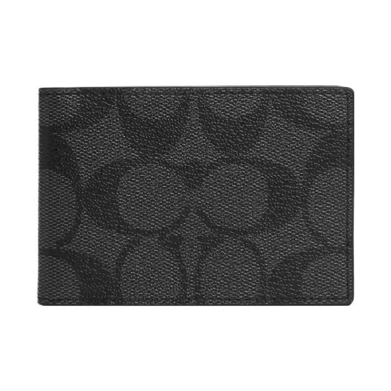 COACH Billfold Wallet Coated Canvas With Calfskin Card Slot Document Set Coin Purse Wallet Unisex Black-0