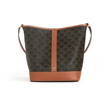 CELINE Triomphe Canvas With Calfskin Bucket Bags Shoulder Bag Crossbody Bag Medium Size Women's Tawny