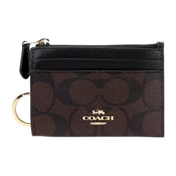 COACH Mini Id Skinny Coated Canvas With Smooth Leather ID Holder Key Pouches Card Holders Mini Women's Dark Brown