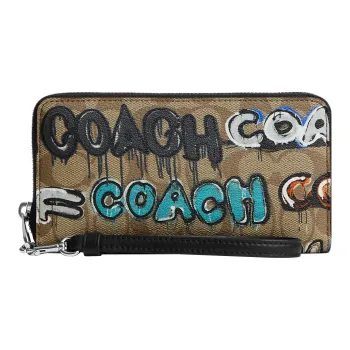 COACH Mint+Serf Zip Around Collaboration Canvas With Leather Wrist Bag Clutch Wallet Trumpets Women's Khaki
