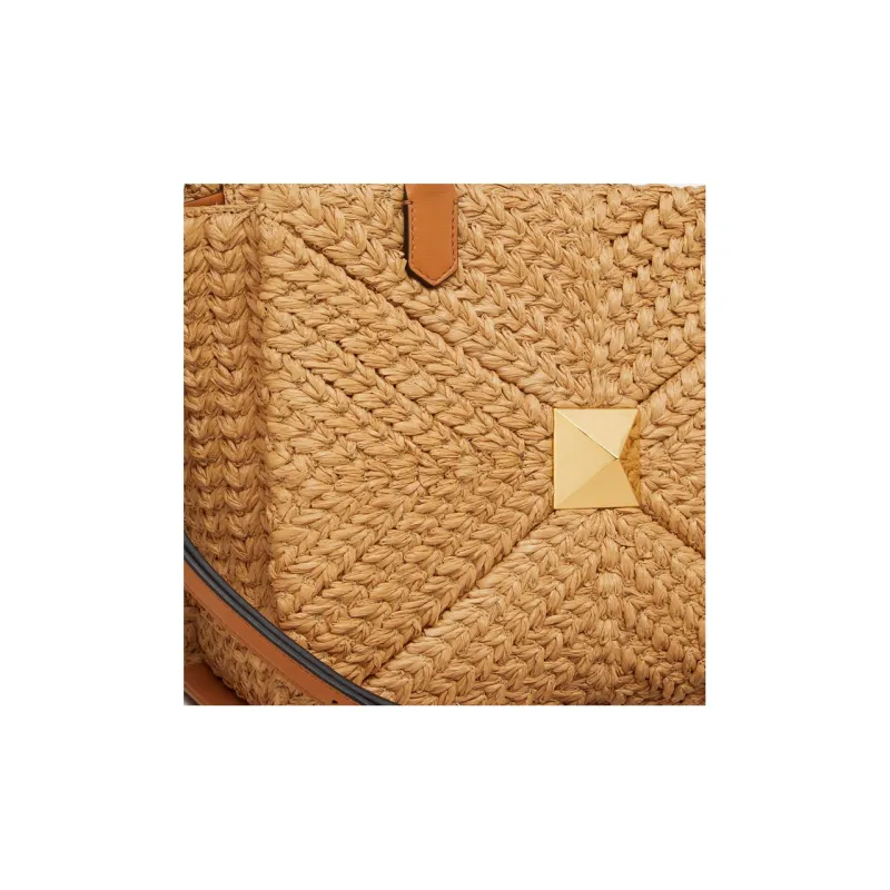 Valentino One Stud Raffia Fiber Shoulder Bag Crossbody Bag Handbag Medium Size Women's Brown-3