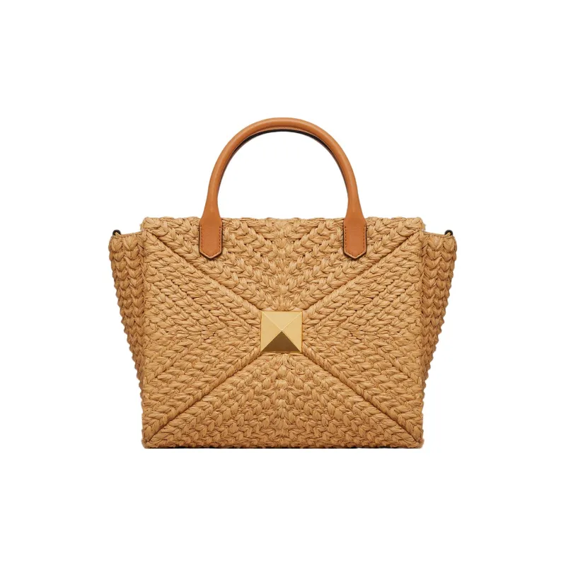 Valentino One Stud Raffia Fiber Shoulder Bag Crossbody Bag Handbag Medium Size Women's Brown-2