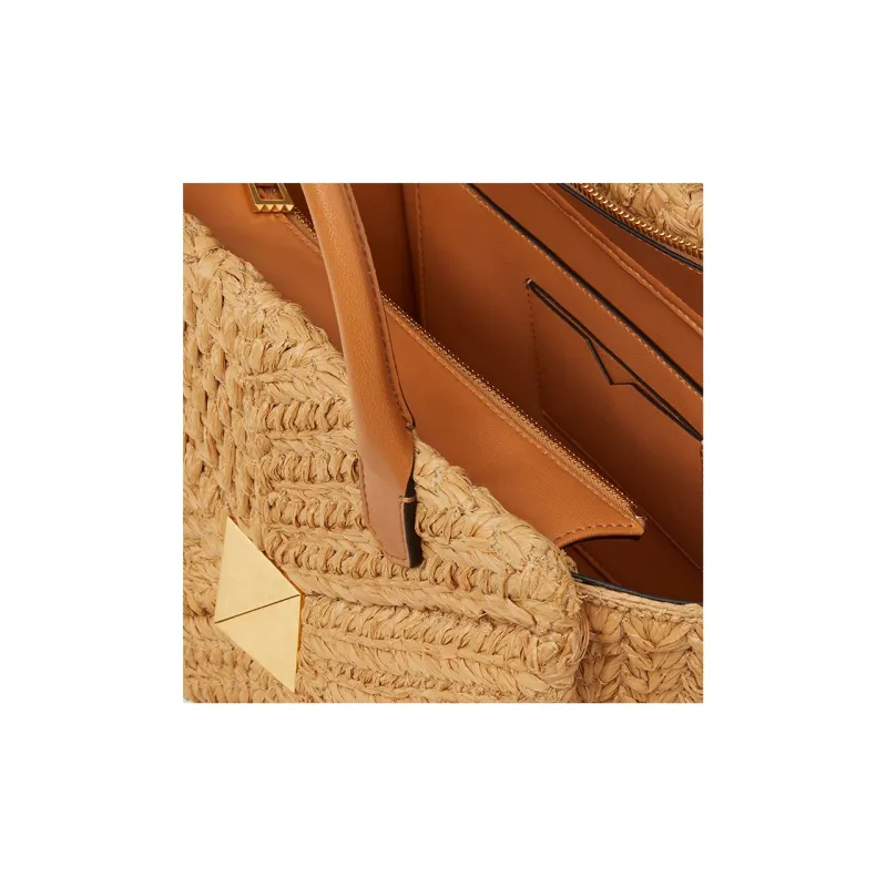 Valentino One Stud Raffia Fiber Shoulder Bag Crossbody Bag Handbag Medium Size Women's Brown-4