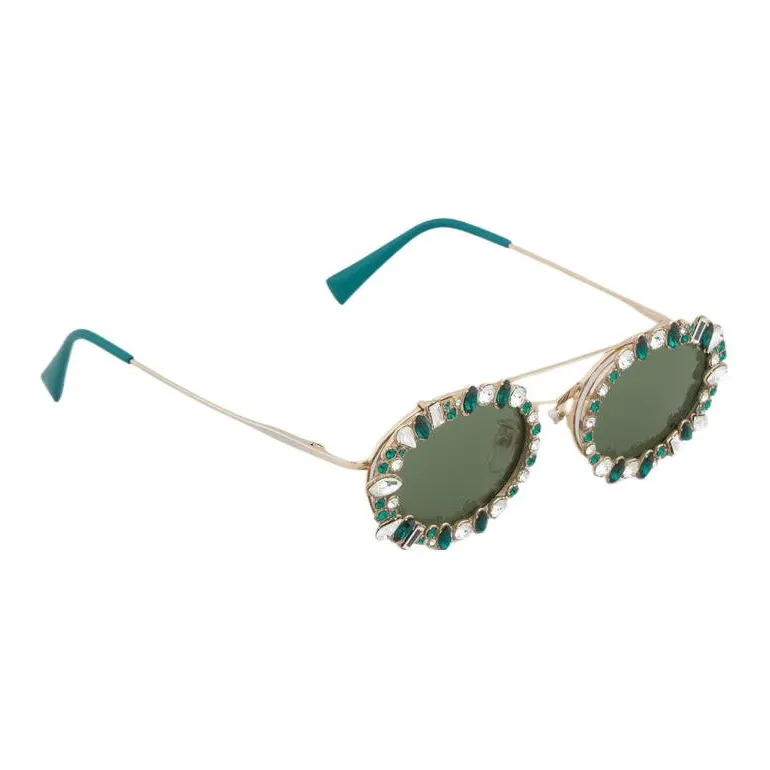 MARNI Metal Acetate German Silver Glass Rhinestone Aviator Sunglasses Women's Green-2