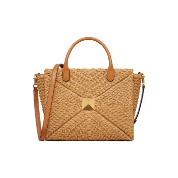 Valentino One Stud Raffia Fiber Shoulder Bag Crossbody Bag Handbag Medium Size Women's Brown