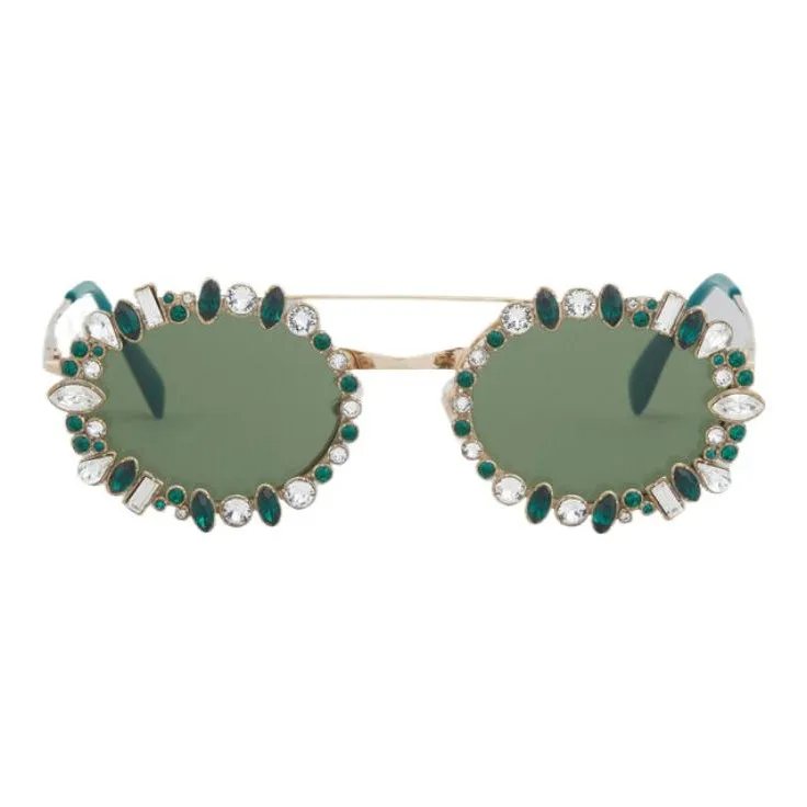 MARNI Metal Acetate German Silver Glass Rhinestone Aviator Sunglasses Women's Green-0