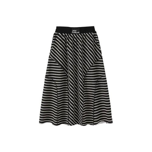 Jinggu Casual Long Skirts Women's Apricot Base With Black Stripes