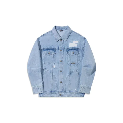 Pleasures X LiNing Denim Jackets Men Light Blue