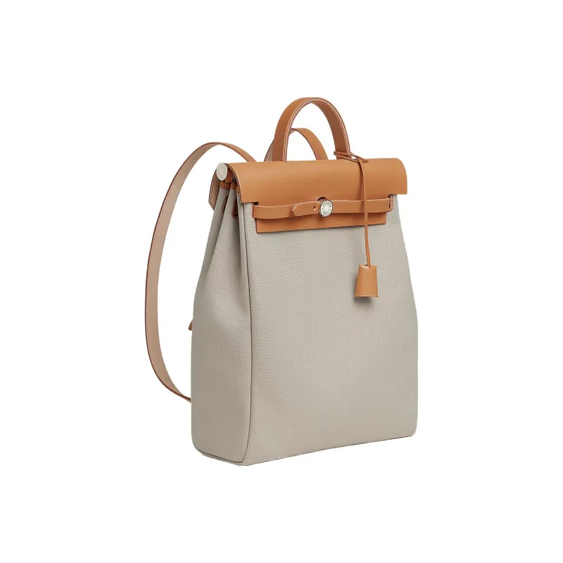 HERMES Herbag Zip Canvas With Hunter Cow Leather Handbag Backpack Unisex Beige-1