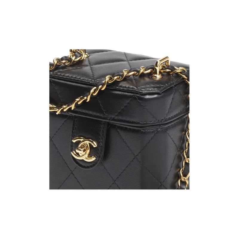 CHANEL Sheepskin Makeup Box Small Square Bag, Crossbody Bag, Shoulder Bag Women's Black-4