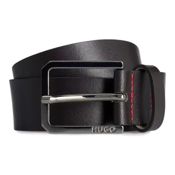 HUGO BOSS Emblem Logo Decoration Pin Buckle Leather Belts Men's Black Width  3.5cm
