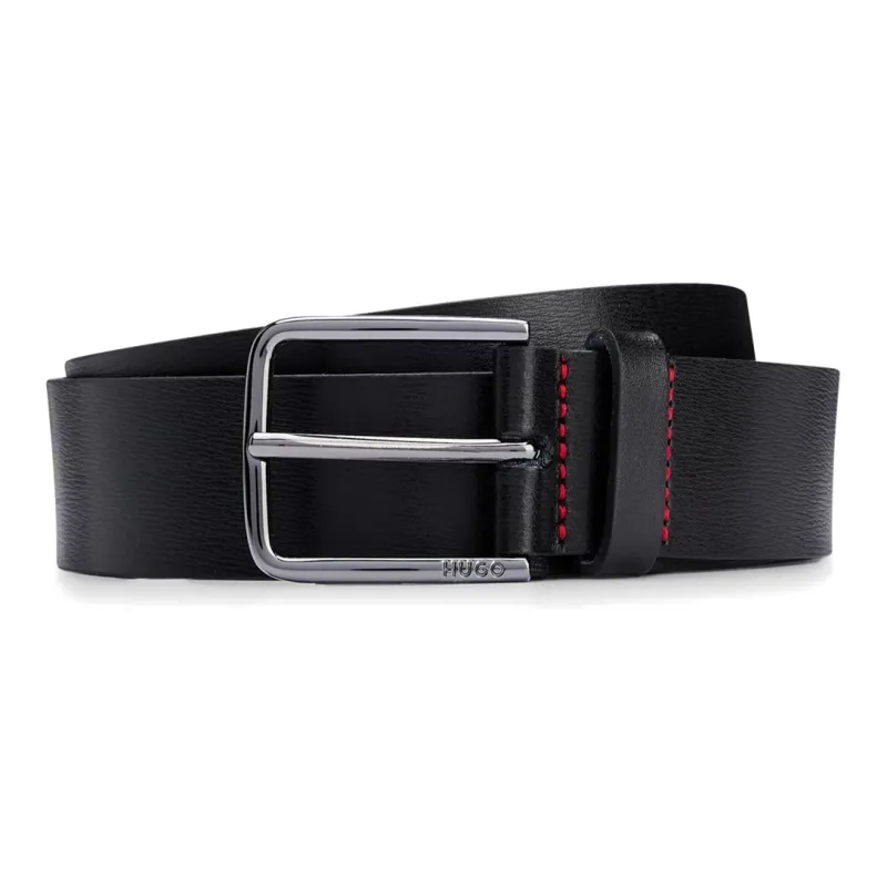 HUGO BOSS Emblem Logo Letter Decoration Pin Buckle Leather Belts Men's Black Width 3.5cm-0