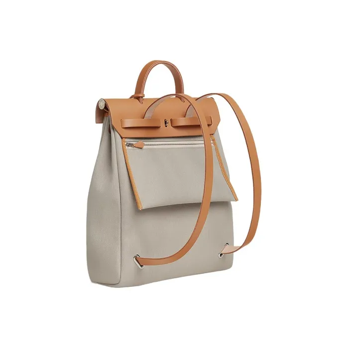 HERMES Herbag Zip Canvas With Hunter Cow Leather Handbag Backpack Unisex Beige-2