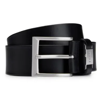 HUGO BOSS Badge Pin Buckle Leather Belts Men's Black Width 4cm