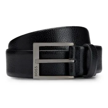 HUGO BOSS Grained Letter Logo Badge Pin Buckle Leather Belts Men's Black Width 3.5CM