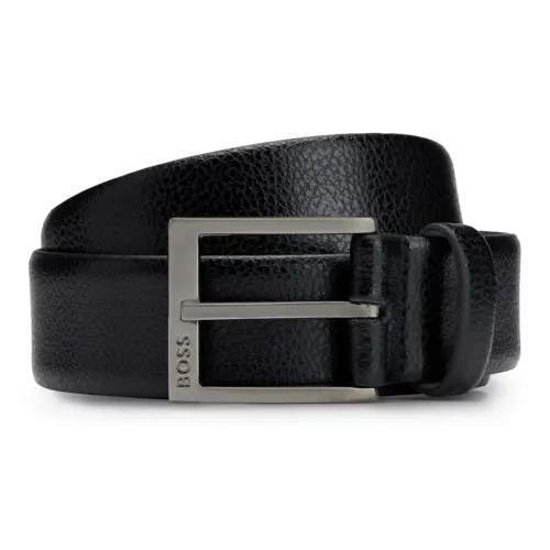 HUGO BOSS Grained Letter Logo Badge Pin Buckle Leather Belts Men's Black Width 3.5CM