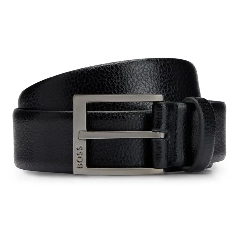 HUGO BOSS Grained Letter Logo Badge Pin Buckle Leather Belts Men's Black Width 3.5CM-0