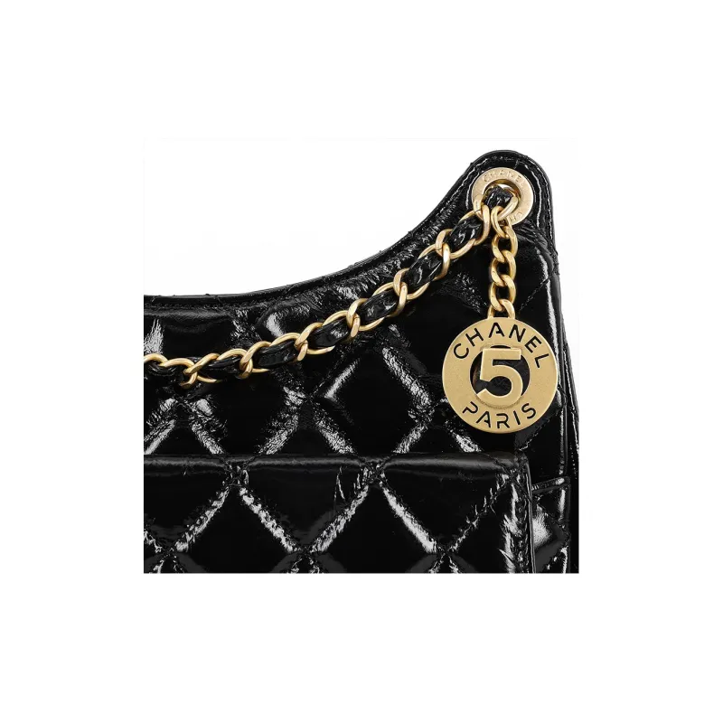 CHANEL Calfskin Hobo Bag, Single Shoulder Crossbody Bag Medium Size Women's Black-5
