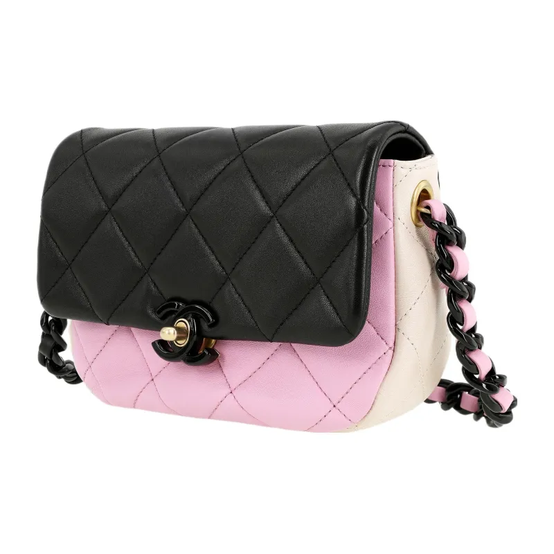 CHANEL Shiny Lambskin Flap Bag, Shoulder Bag, Crossbody Bag Mini Women's Black/Pink/Beige-1