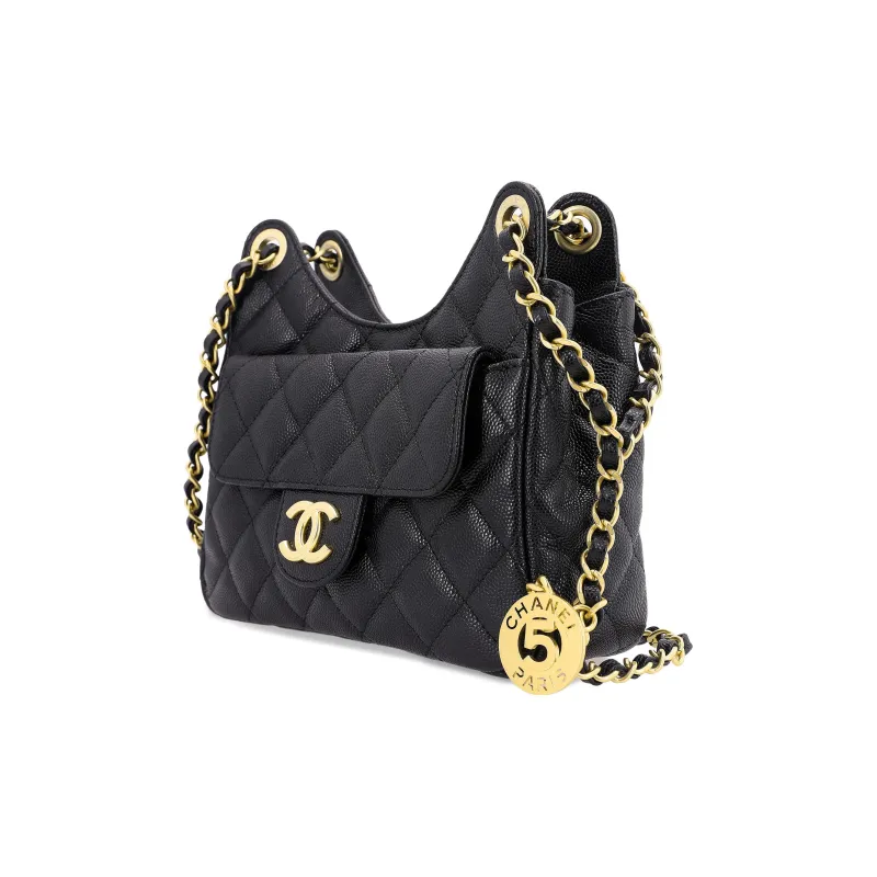 CHANEL 23P Spring Summer HOBO Grain Embossed Cow Leather Hobo Bag, Crossbody Bag, Shoulder Bag Trumpets Women's Black-1