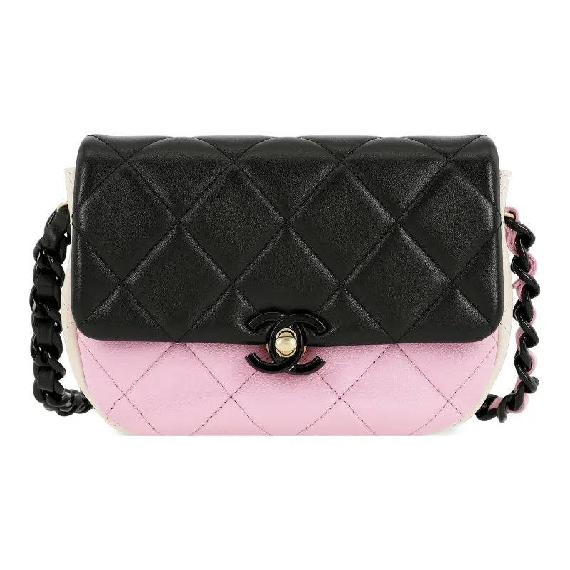 CHANEL Shiny Lambskin Flap Bag, Shoulder Bag, Crossbody Bag Mini Women's Black/Pink/Beige-0