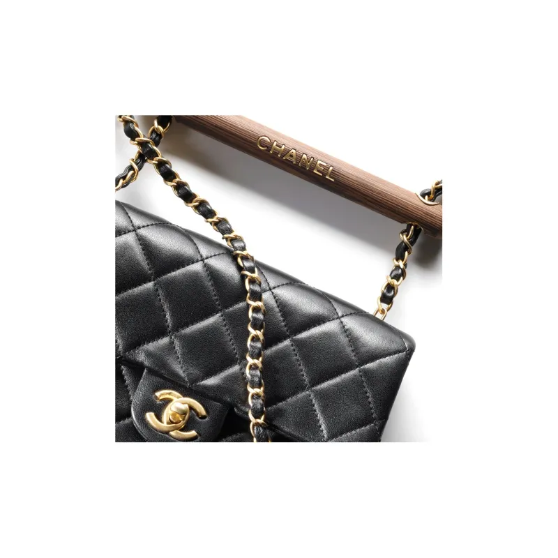 CHANEL Lambskin With Wooden Inlay Flap Bag, Crossbody Bag, Shoulder Bag Women's Black-3