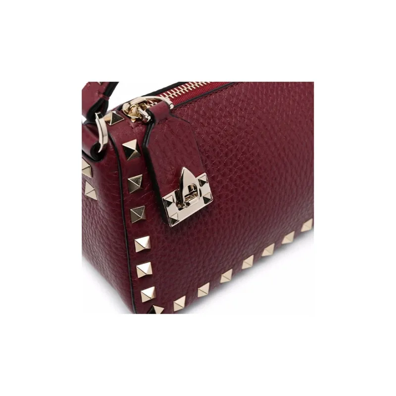 Valentino Rockstud Grained Cow Leather Shoulder Bag Women's Burgundy-3