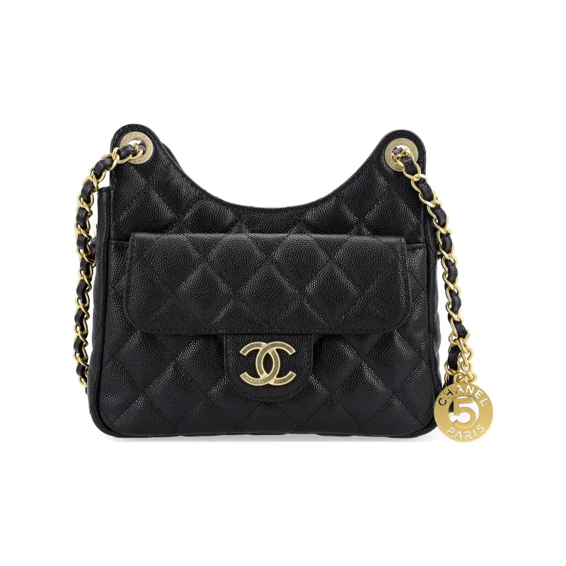 CHANEL 23P Spring Summer HOBO Grain Embossed Cow Leather Hobo Bag, Crossbody Bag, Shoulder Bag Trumpets Women's Black-0