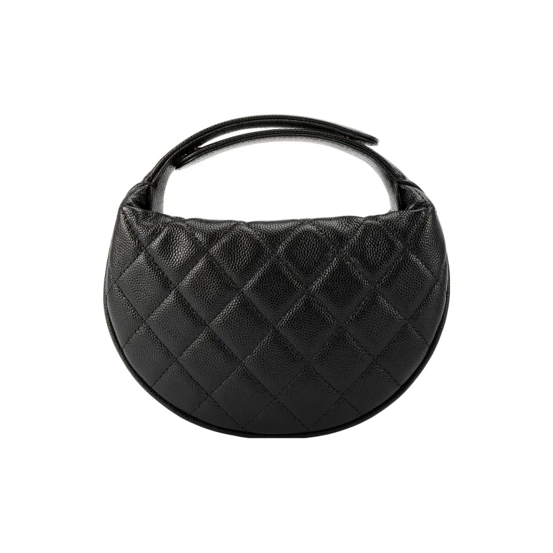 CHANEL Grain Litchi Cow Leather With Caviar Cow Leather Crescent Bag Clutch Handbag Mini Women's Black-2