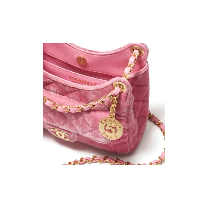 CHANEL Velvet Hobo Bag, Shoulder Bag, Crossbody Bag Trumpets Women's Pink-3