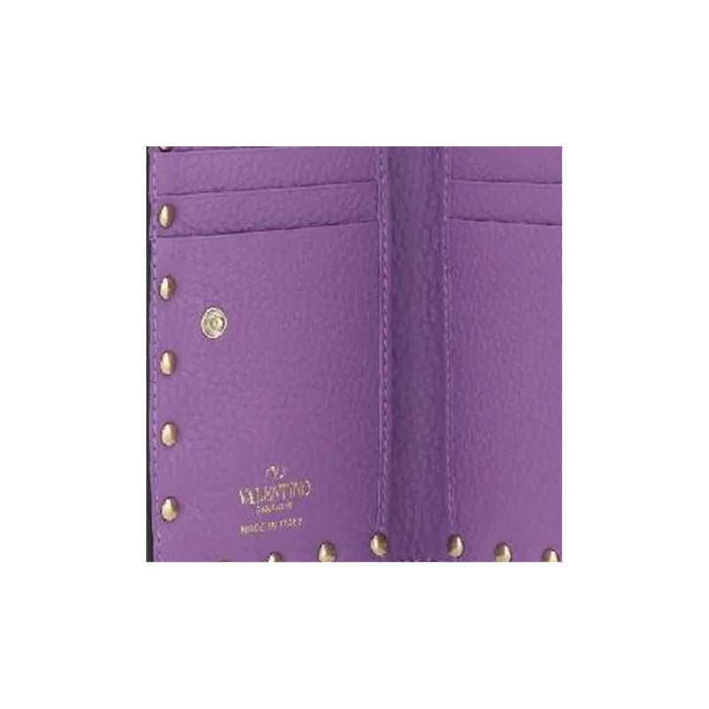 Valentino Rockstud Calfskin Wallet Coin Purses Card Holders Regular Women's Purple-4