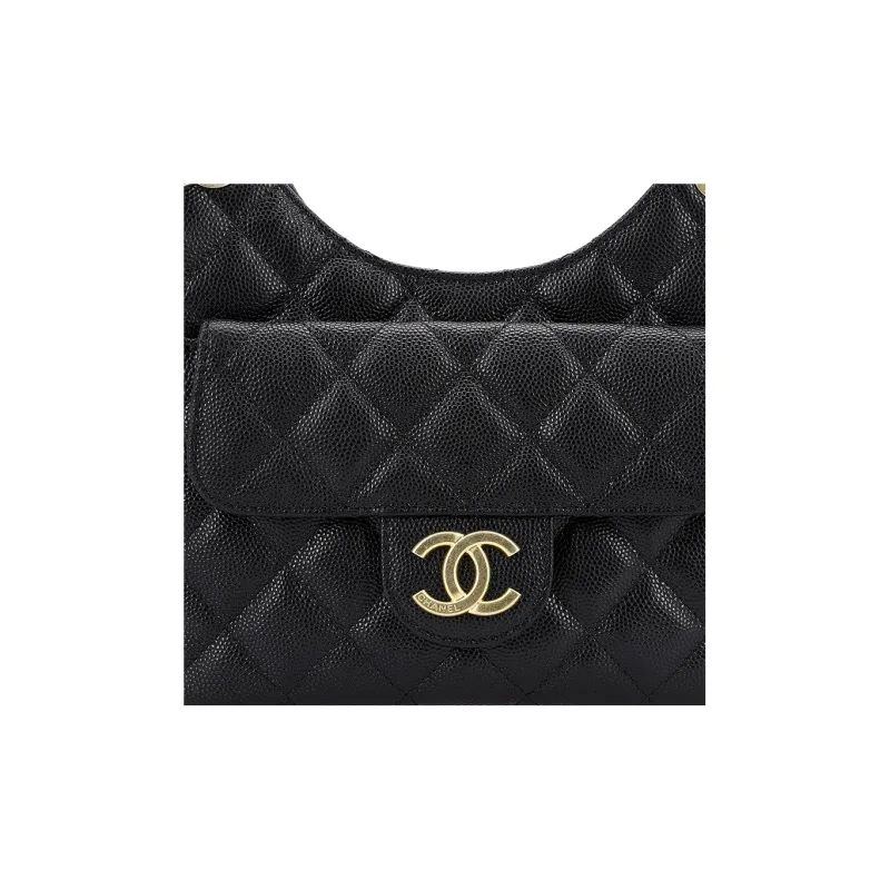 CHANEL 23P Spring Summer HOBO Grain Embossed Cow Leather Hobo Bag, Crossbody Bag, Shoulder Bag Trumpets Women's Black-4