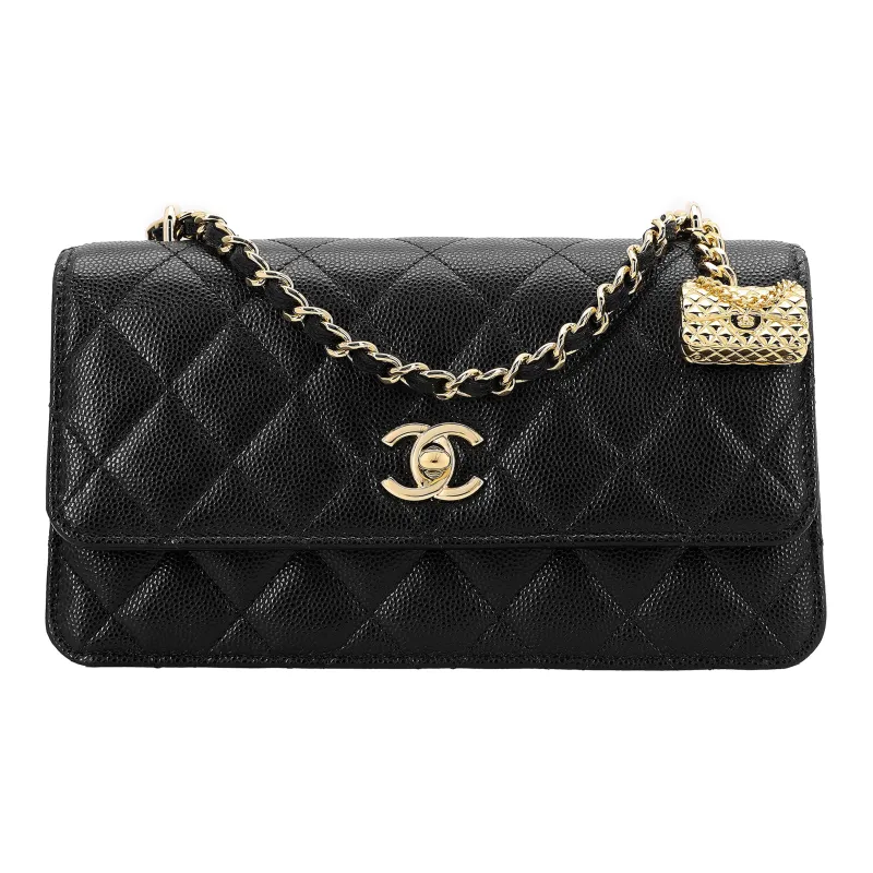 CHANEL WOC Litchi Grain Cow Leather Clutch Chain Bag Coin Purse Wallet Tubas Women's Black-0