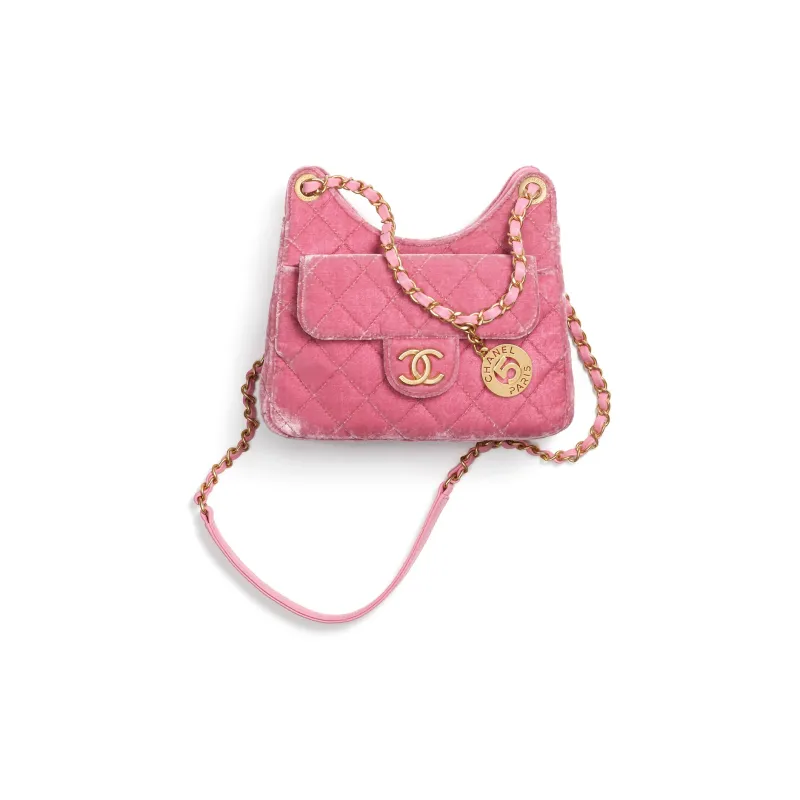 CHANEL Velvet Hobo Bag, Shoulder Bag, Crossbody Bag Trumpets Women's Pink-0