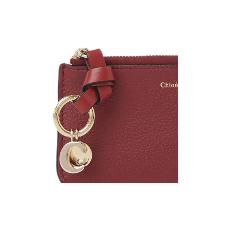Chloe Alphabet Grained Calfskin Coin Purses Wallets Small Size Women's Dark Purple Red-3