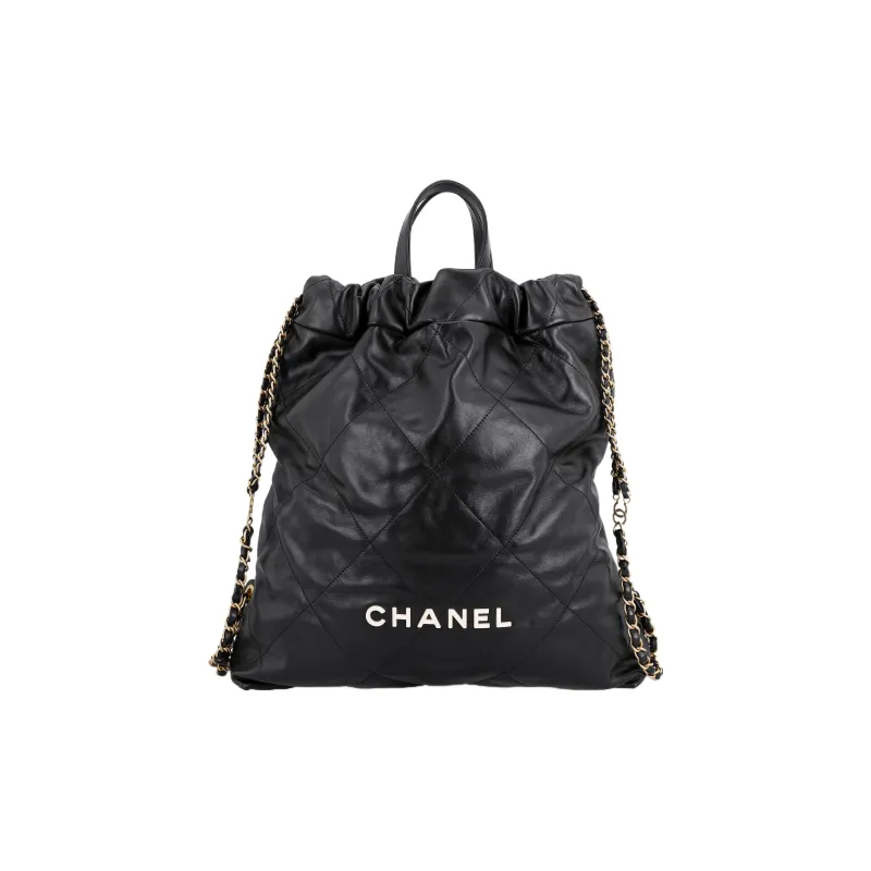 CHANEL 22SS Spring And Summer 22Bag Shiny Cow Leather Handheld Backpack Tubas Women's Black White Text-0