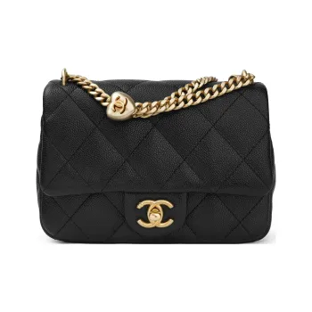 CHANEL Beaded Cow Leather Square Chubby Flap Bag Shoulder Bag Crossbody Bag Medium Size Women's Black