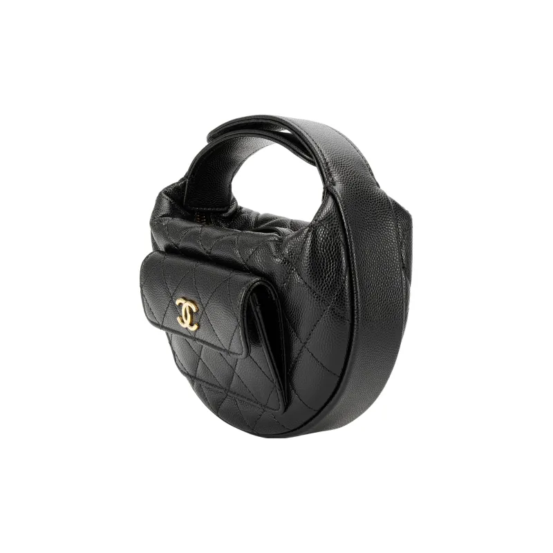 CHANEL Grain Litchi Cow Leather With Caviar Cow Leather Crescent Bag Clutch Handbag Mini Women's Black-1
