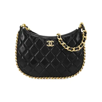 CHANEL Lambskin Hobo Bag Shoulder Bag Handbag Small Size Women's Black