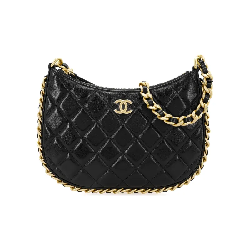 CHANEL Lambskin Hobo Bag, Shoulder Bag, Handbag Trumpets Women's Black-0
