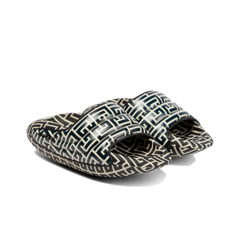 BALMAIN B-IT Quilted Leather Mules 'Bicolor Monogram - Black White'-2