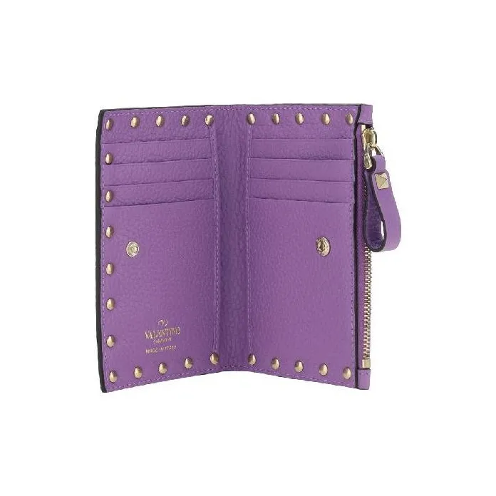 Valentino Rockstud Calfskin Wallet Coin Purses Card Holders Regular Women's Purple-2