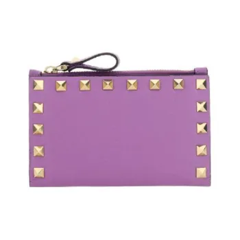Valentino Rockstud Calfskin Wallet Coin Purses Card Holders Regular Women's Purple